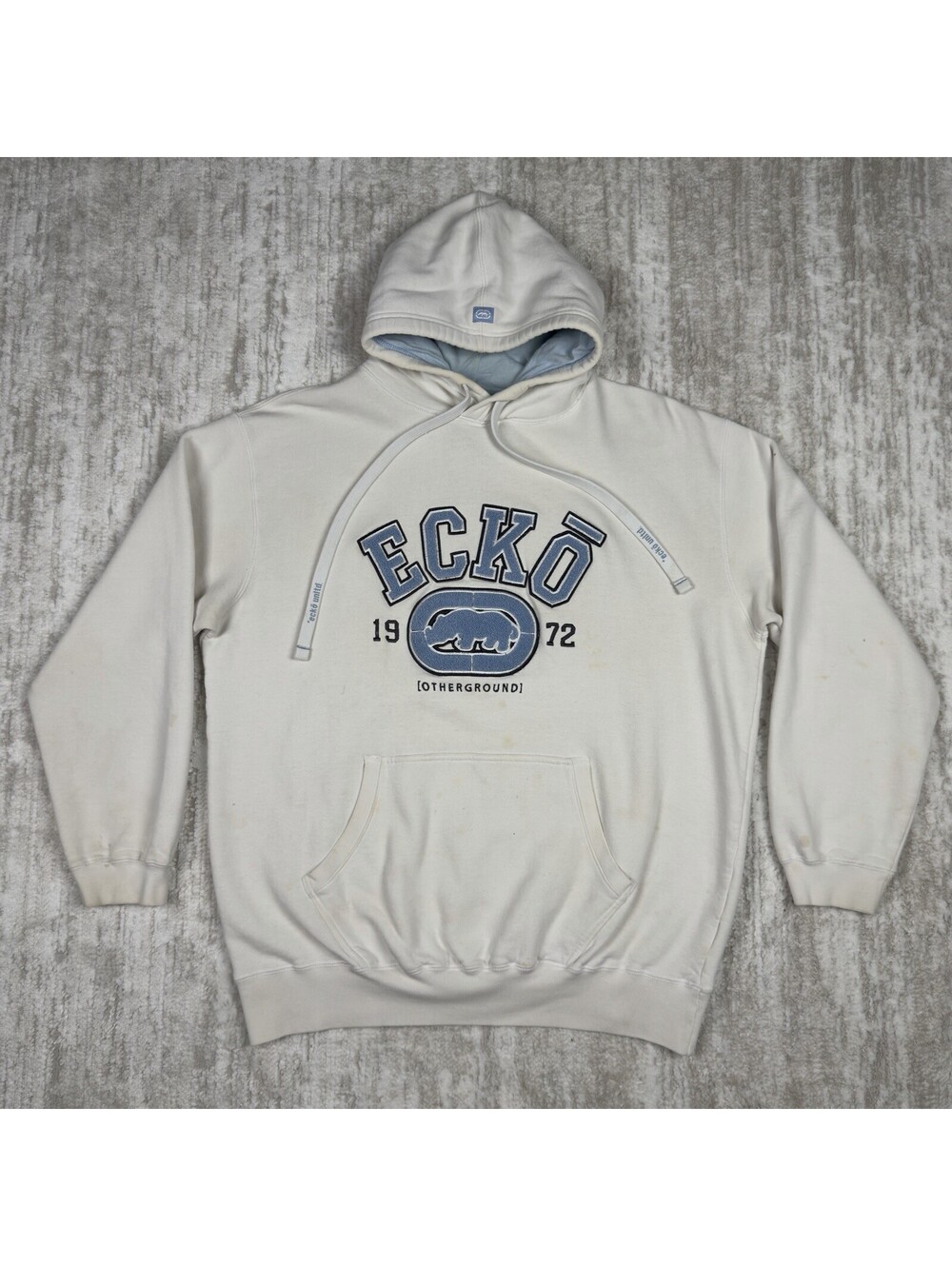 Vintage Y2K Ecko Unltd Hoodie Medium White Blue Spellout Logo Pullover